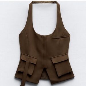Zara Pocket Halter Vest brown tank top